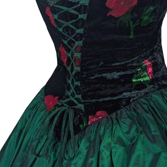 Vintage 80s CORSET Rose Floral Black Velvet Strapless Green Prom Party Dress S - Picture 11 of 16